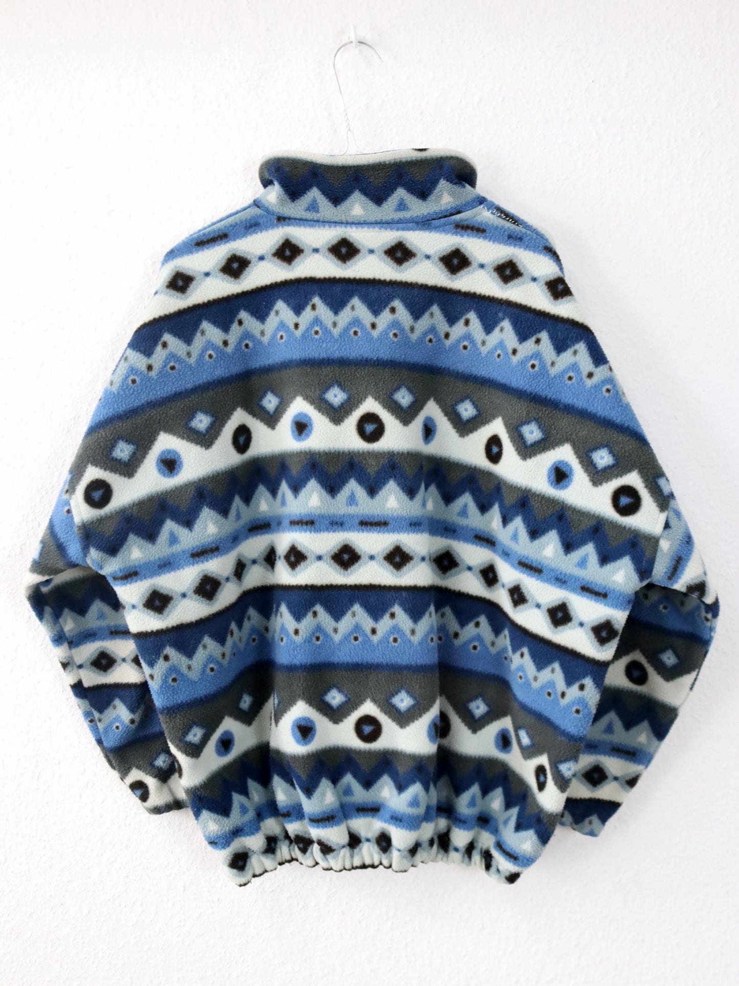 Vintage 80er 90er SEMTEX Fleecepullover Fleece crazy pattern blau Stehkragen M/L