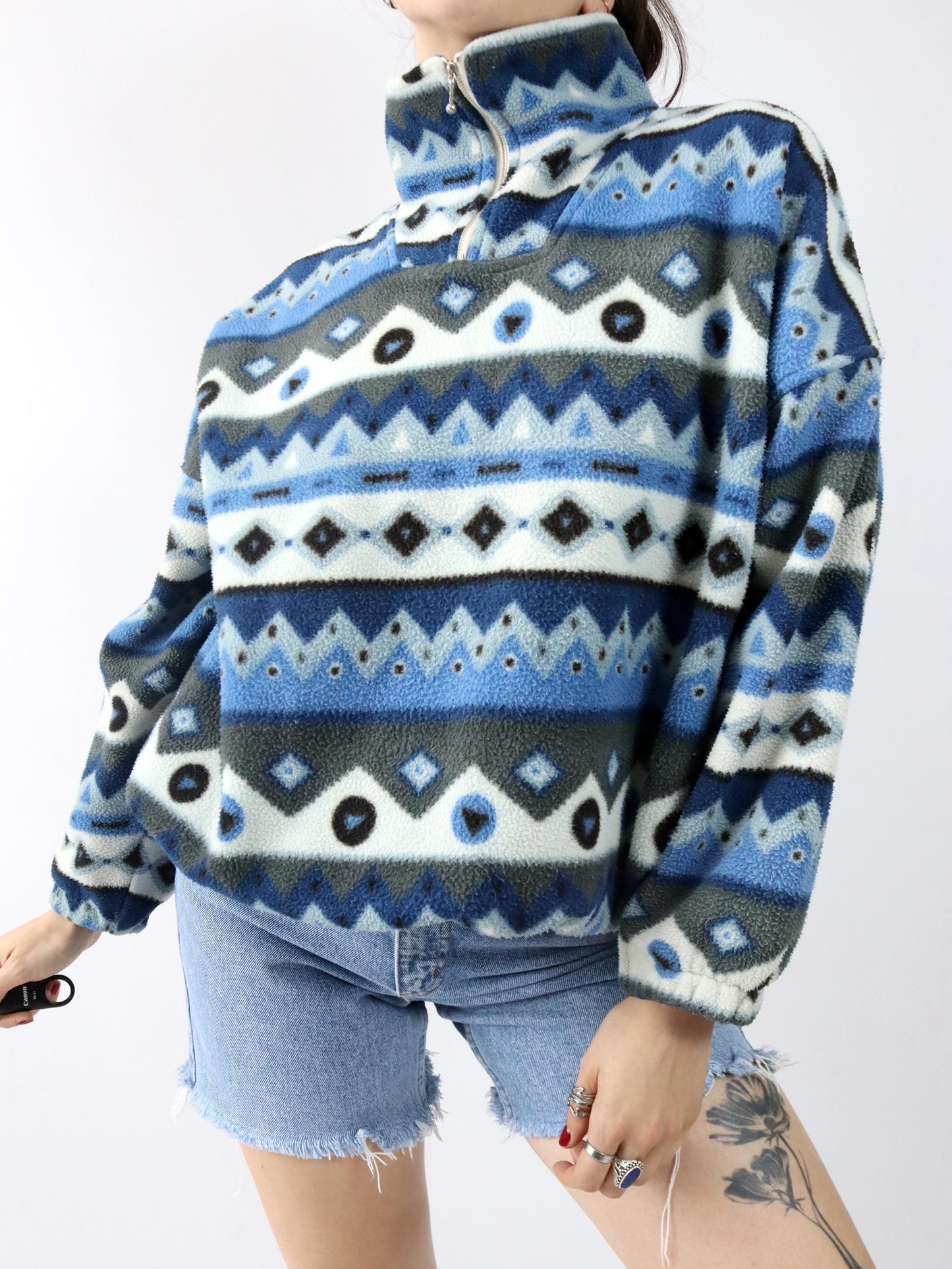 Vintage 80er 90er SEMTEX Fleecepullover Fleece crazy pattern blau Stehkragen M/L