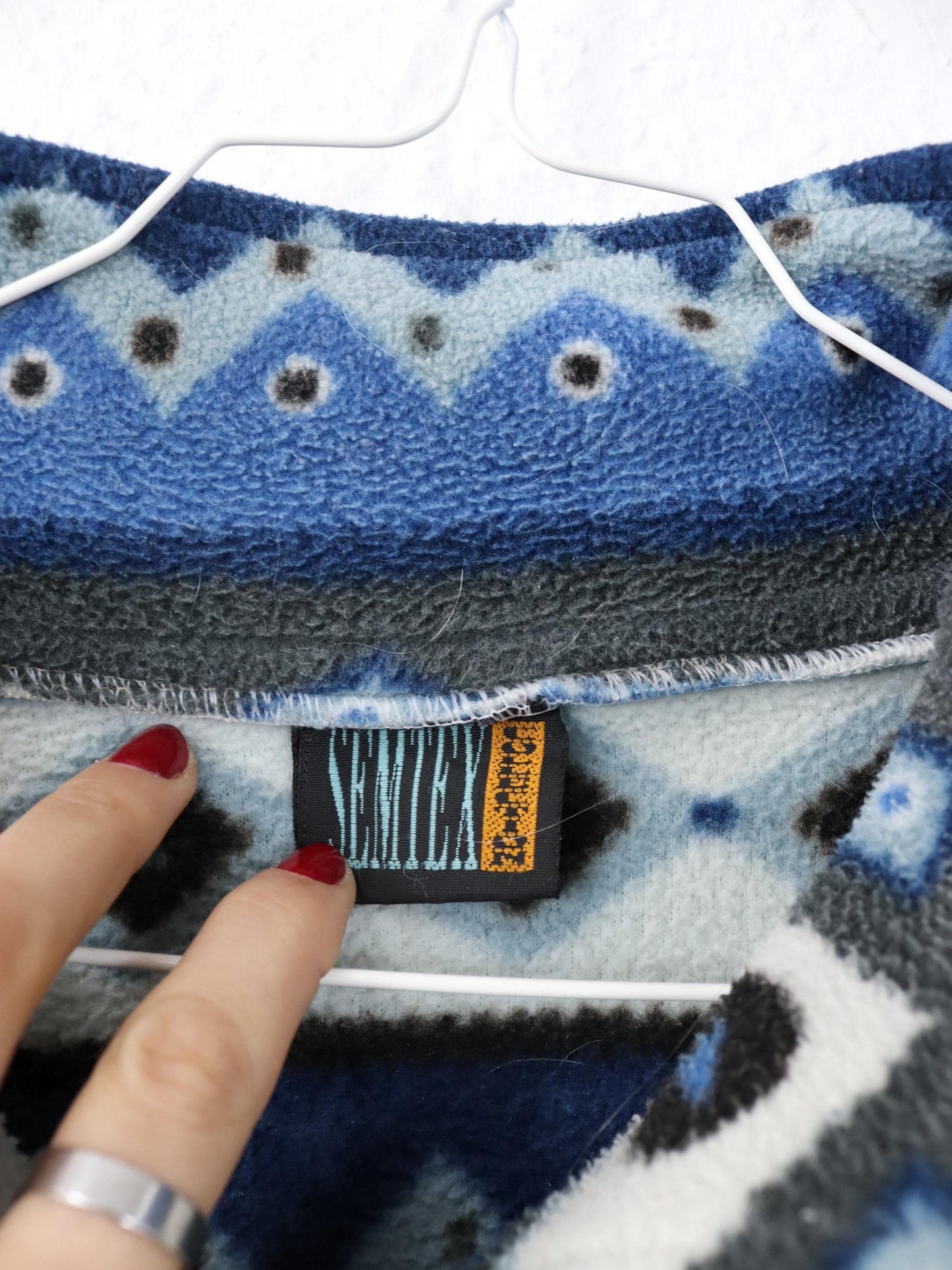 Vintage 80er 90er SEMTEX Fleecepullover Fleece crazy pattern blau Stehkragen M/L