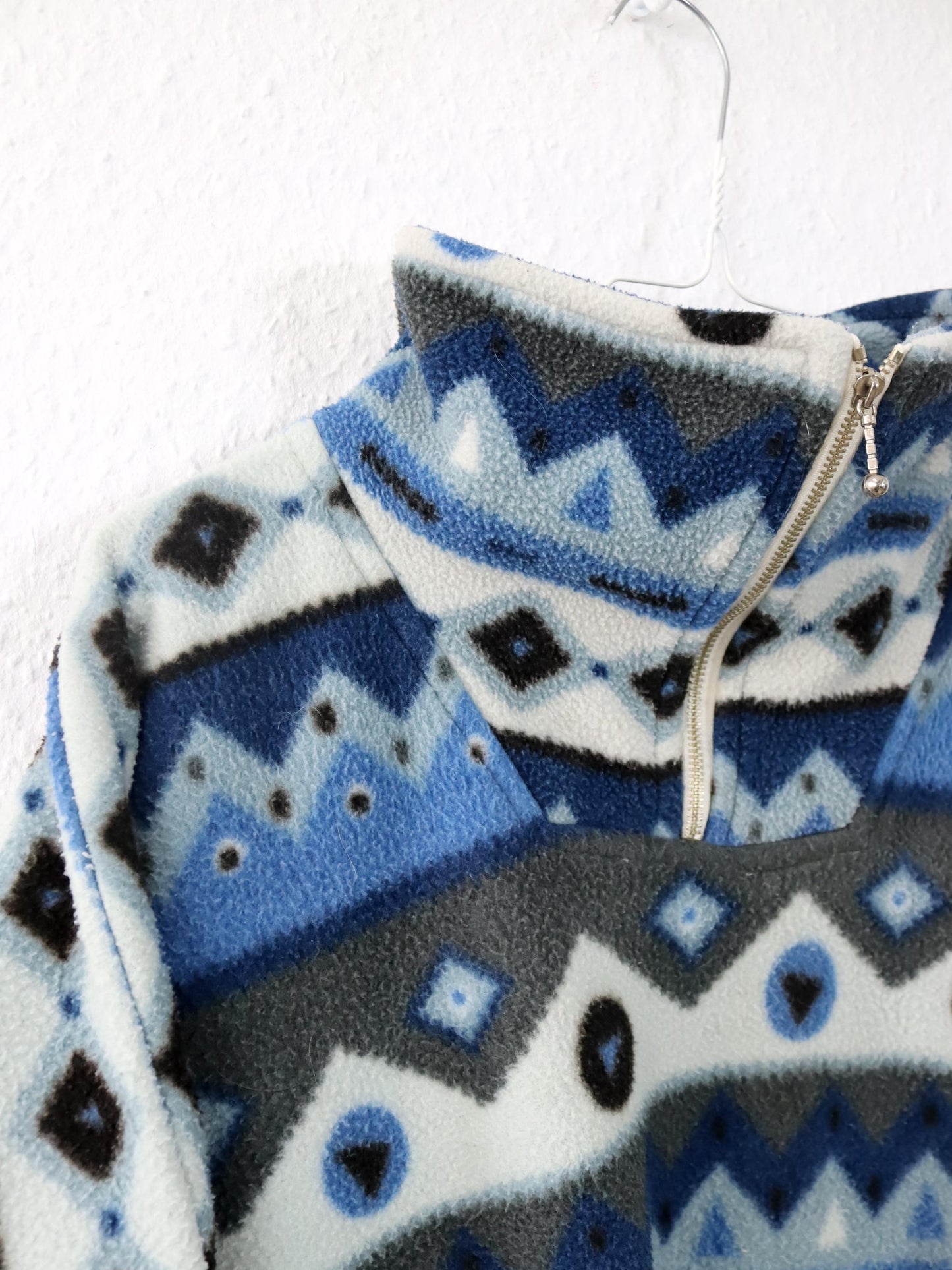 Vintage 80er 90er SEMTEX Fleecepullover Fleece crazy pattern blau Stehkragen M/L