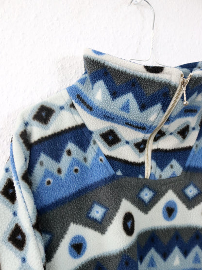 Vintage 80er 90er SEMTEX Fleecepullover Fleece crazy pattern blau Stehkragen M/L