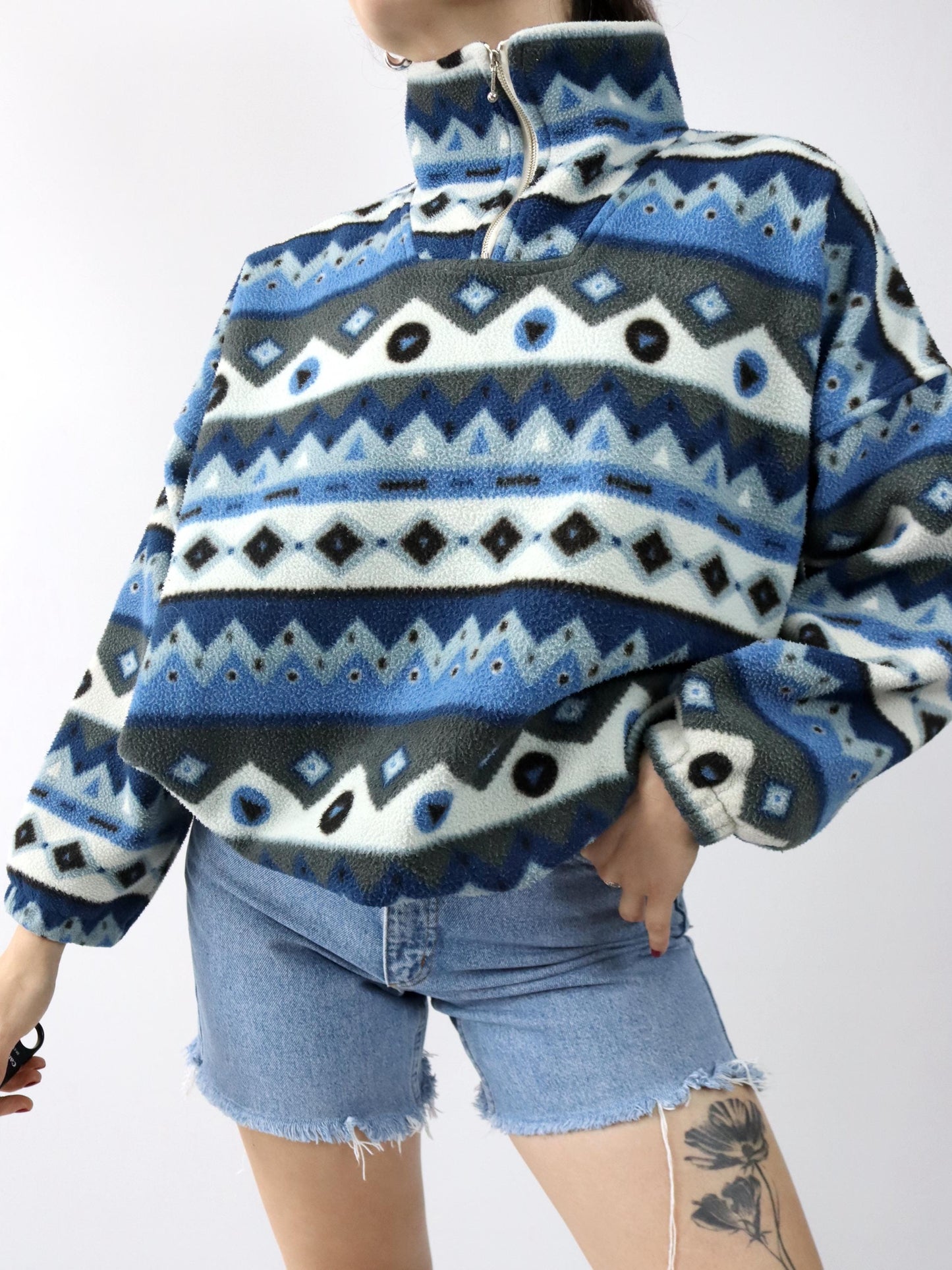 Vintage 80er 90er SEMTEX Fleecepullover Fleece crazy pattern blau Stehkragen M/L