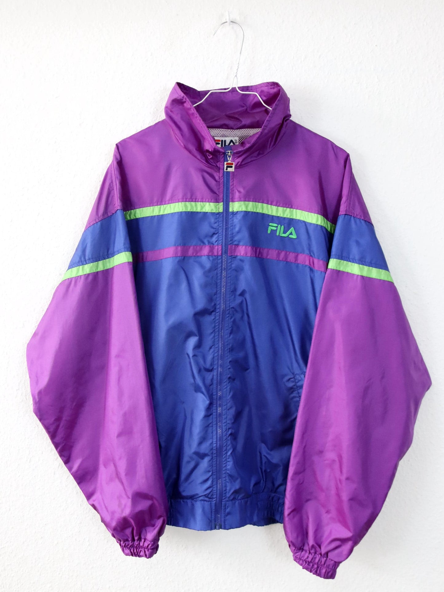 Vintage 80er 90er FILA Trainingsjacke Jacke Stehkragen glänzend blau lila 52 XL