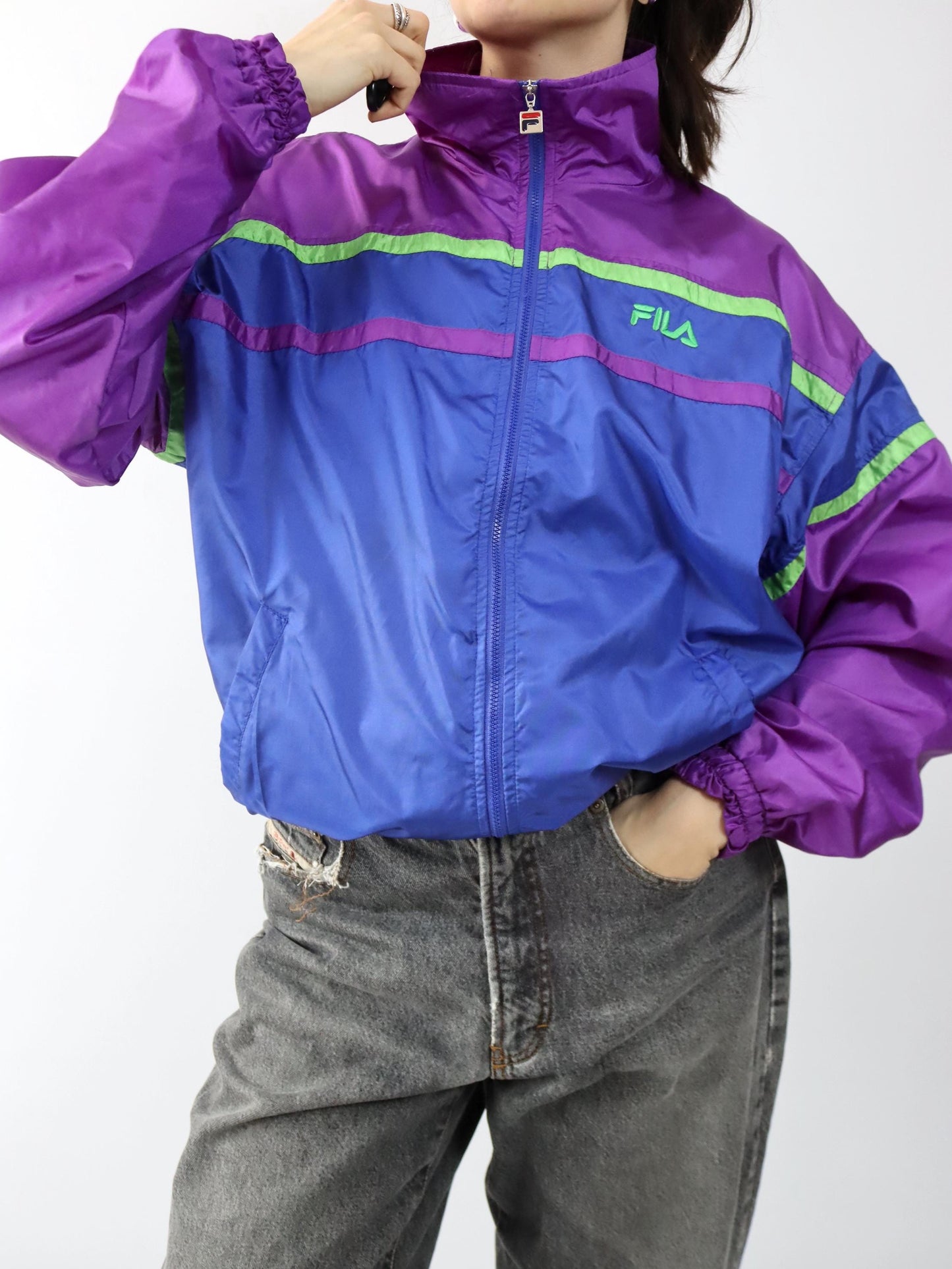 Vintage 80er 90er FILA Trainingsjacke Jacke Stehkragen glänzend blau lila 52 XL