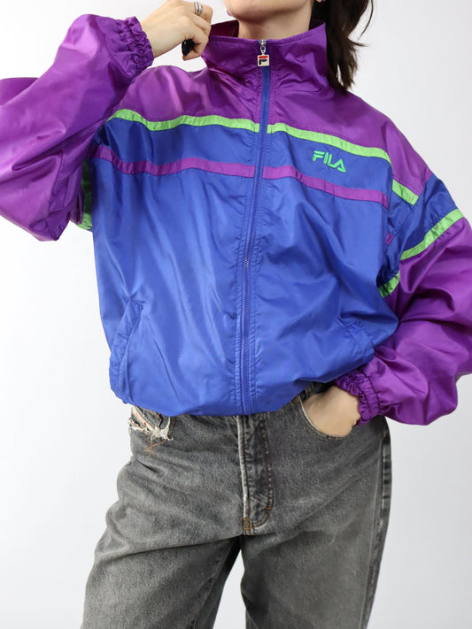 Vintage 80er 90er FILA Trainingsjacke Jacke Stehkragen glänzend blau lila 52 XL