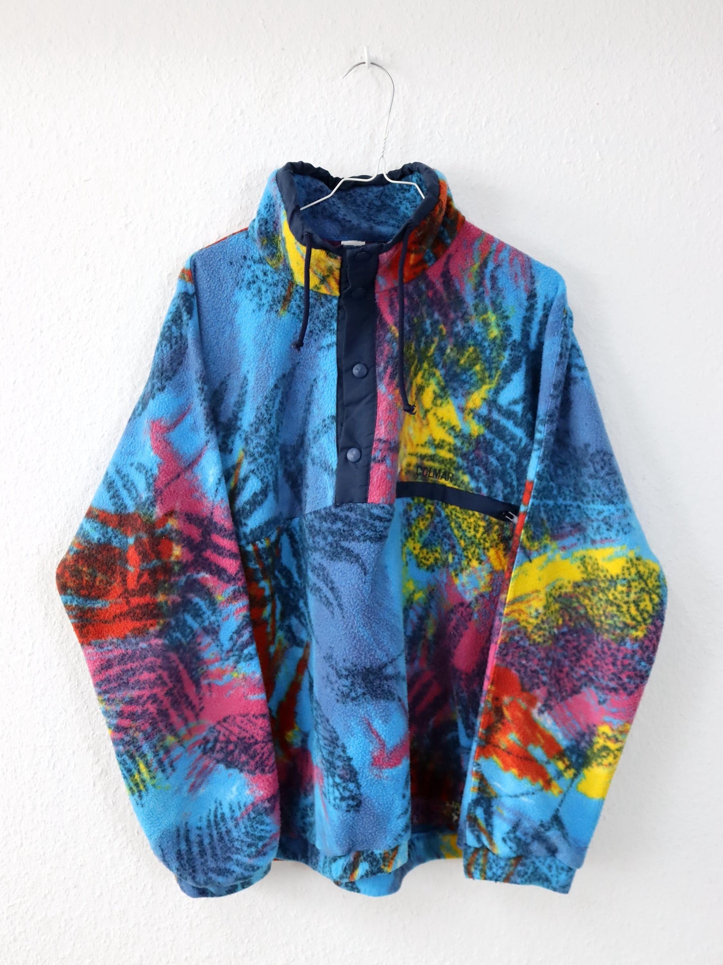 Vintage 80er 90er COLMAR Fleecepullover Fleece Stehkragen crazy pattern bunt XL