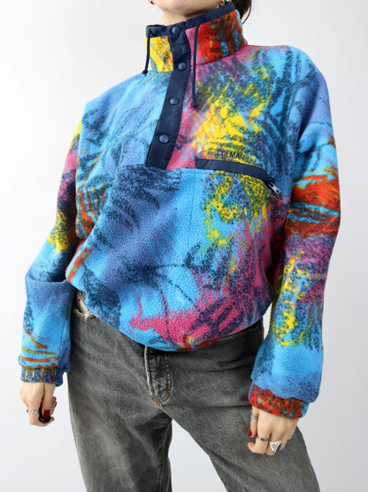 Vintage 80er 90er COLMAR Fleecepullover Fleece Stehkragen crazy pattern bunt XL