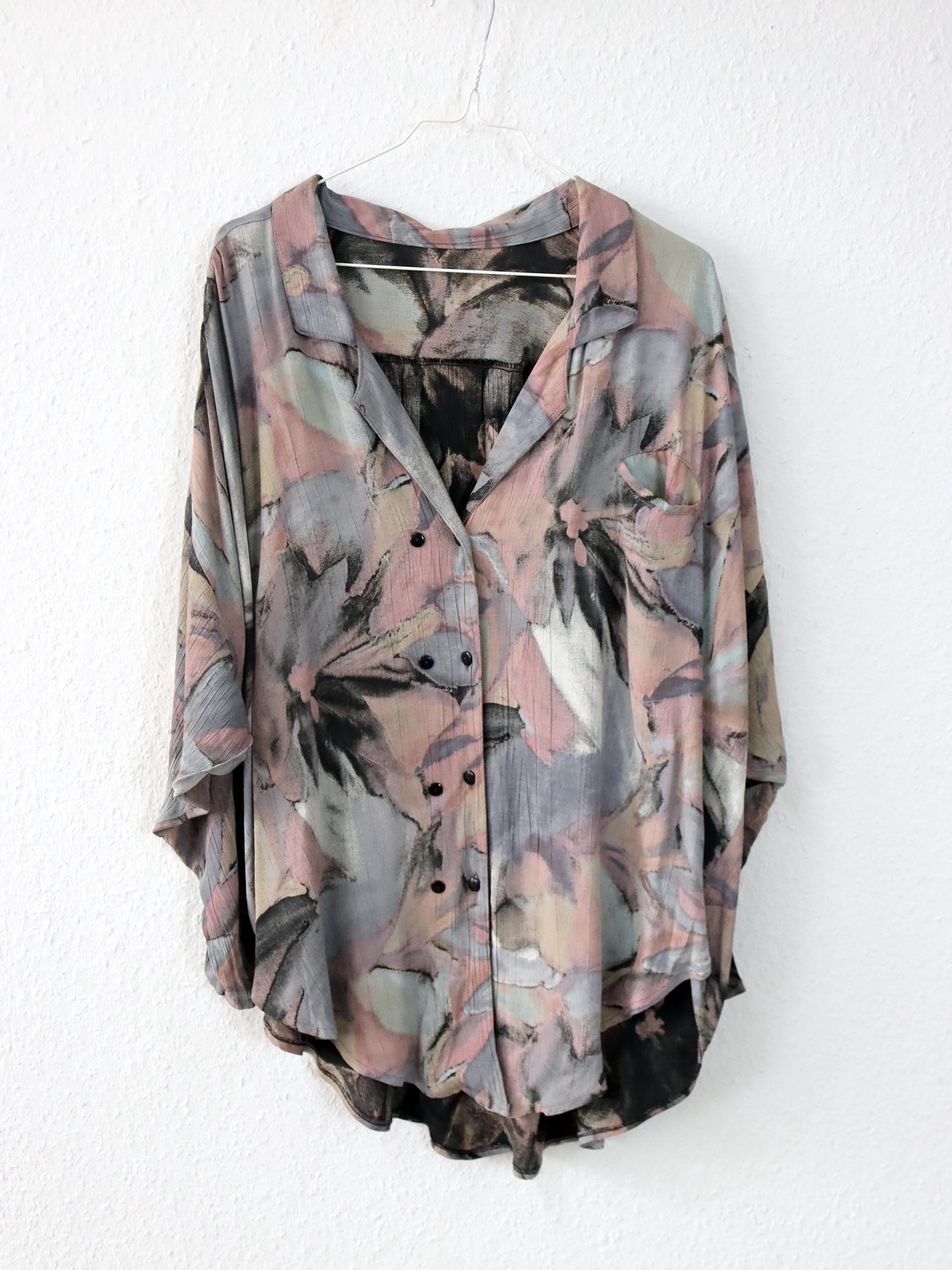Vintage 80er 90er HOPSACK Bluse langarm luftig Doppelknopfreihe Crazy Pattern Viskose L