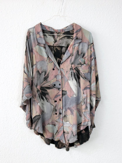 Vintage 80er 90er HOPSACK Bluse langarm luftig Doppelknopfreihe Crazy Pattern Viskose L