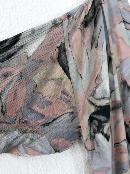 Vintage 80er 90er HOPSACK Bluse langarm luftig Doppelknopfreihe Crazy Pattern Viskose L