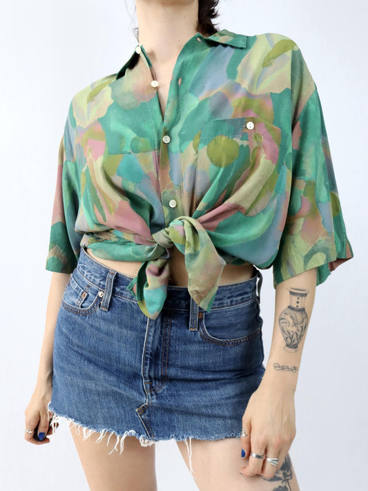 Vintage 80er 90er ICORTIGIANI Hemd Bluse kurzarm crazy pattern Viskose grün 46