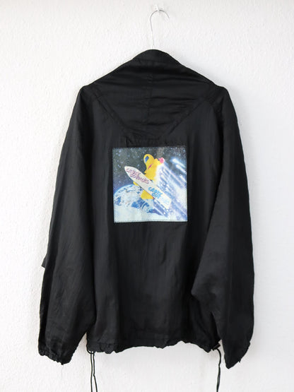 Vintage 80er 90er CRAZY COLOURS Windbreaker Jacke Überziehjacke Stehkragen schwarz Backprint M