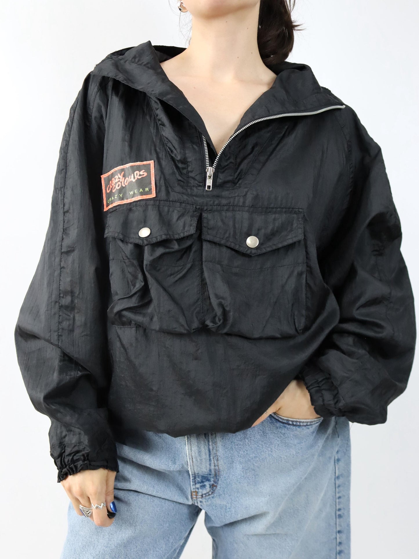 Vintage 80er 90er CRAZY COLOURS Windbreaker Jacke Überziehjacke Stehkragen schwarz Backprint M