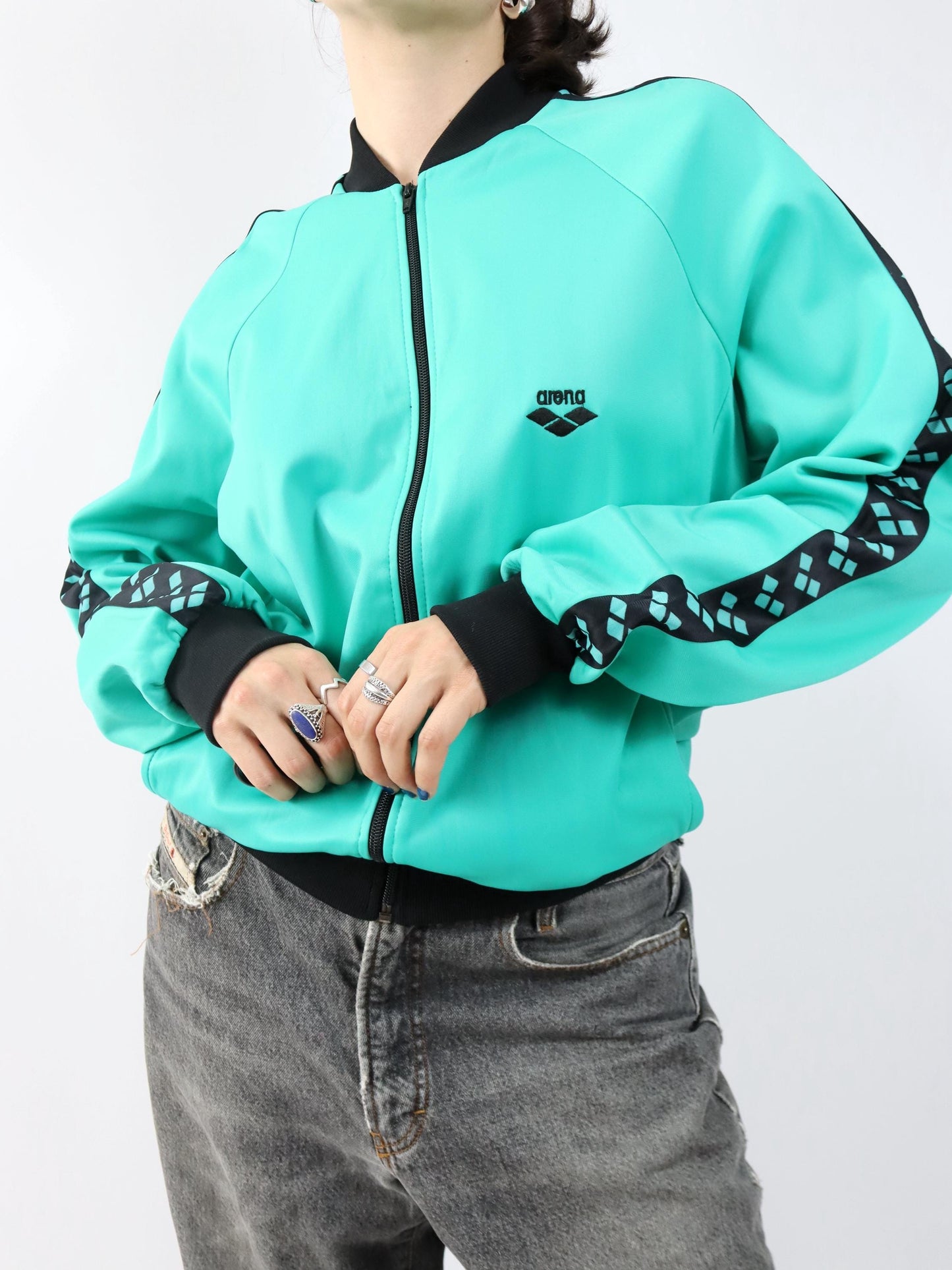 Vintage 80er 90er ARENA Trainingsjacke Jacke türkis schwarz 180 M