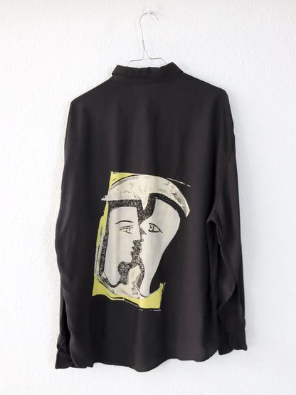 Vintage 80er 90er MYTHO Hemd langarm Print schwarz Viskose XL