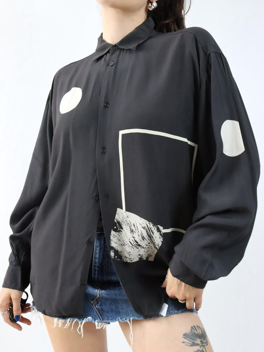 Vintage 80er 90er MYTHO Hemd langarm Print schwarz Viskose XL