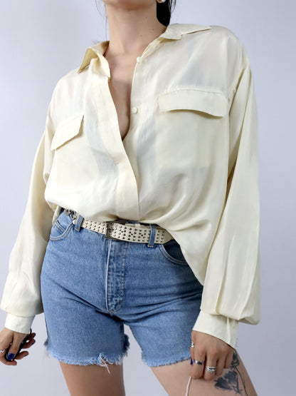 Vintage 80er 90er BRUGI Seidenhemd Hemd langarm gelb L