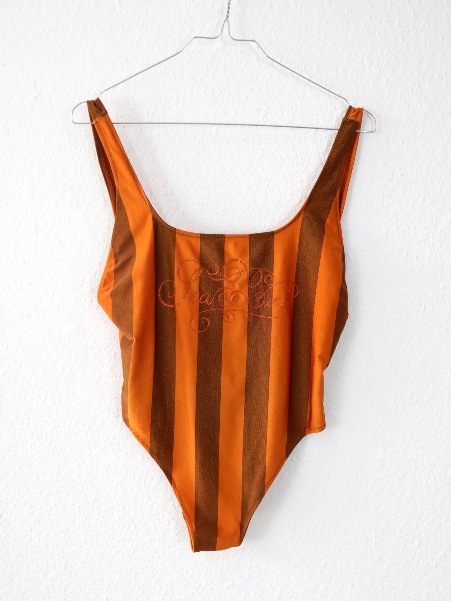 Vintage 80er 90er REFEC Body Einteiler glänzend gestreift orange Badeanzug M