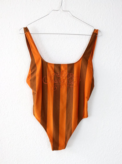 Vintage 80er 90er REFEC Body Einteiler glänzend gestreift orange Badeanzug M