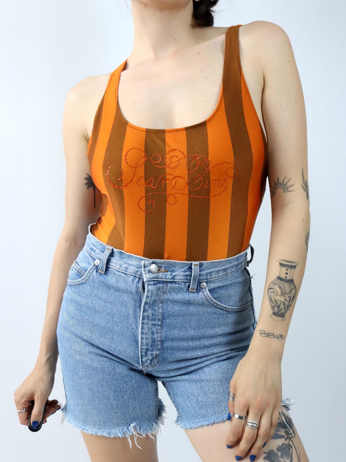 Vintage 80er 90er REFEC Body Einteiler glänzend gestreift orange Badeanzug M