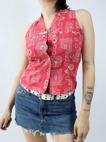 Vintage 80er 90er REPLAY & SONS Bluse Hemd ärmellos Western rot weiß M