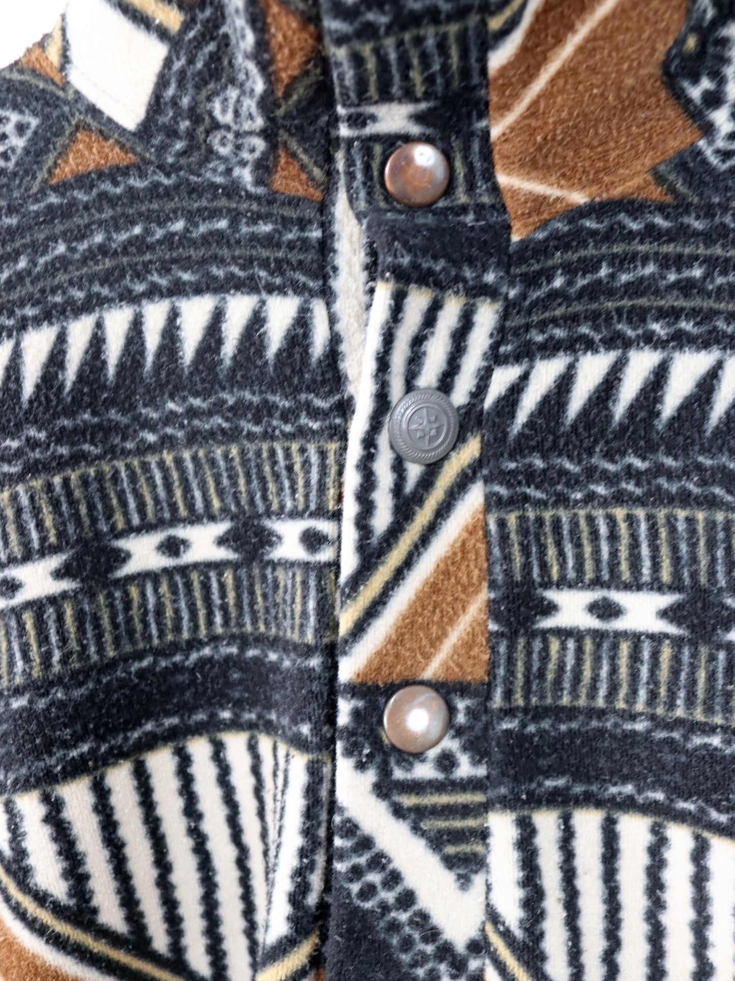 Vintage 80er 90er Fleecepullover Pullover crazy pattern Stehkragen braun schwarz weiß M