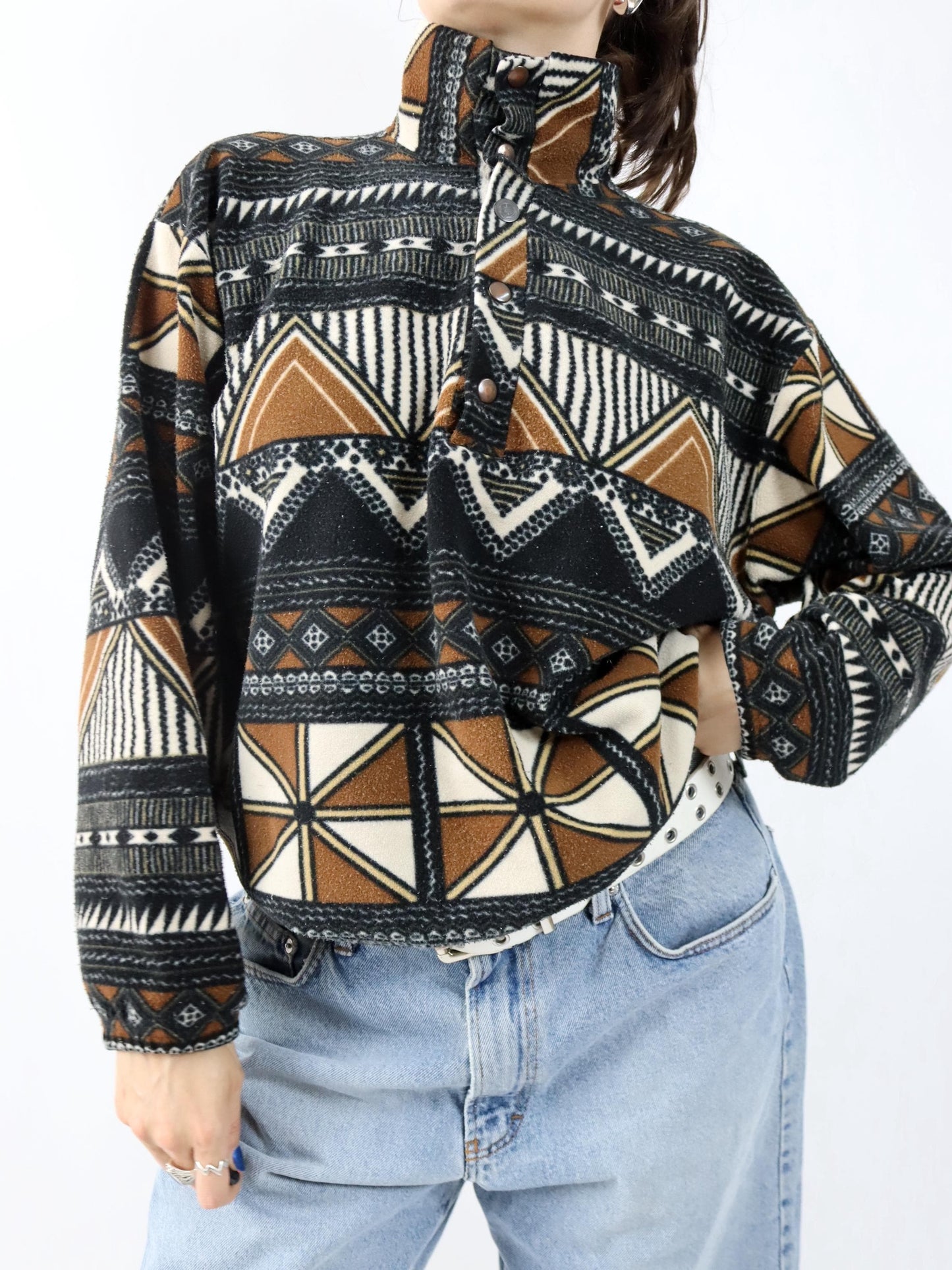 Vintage 80er 90er Fleecepullover Pullover crazy pattern Stehkragen braun schwarz weiß M