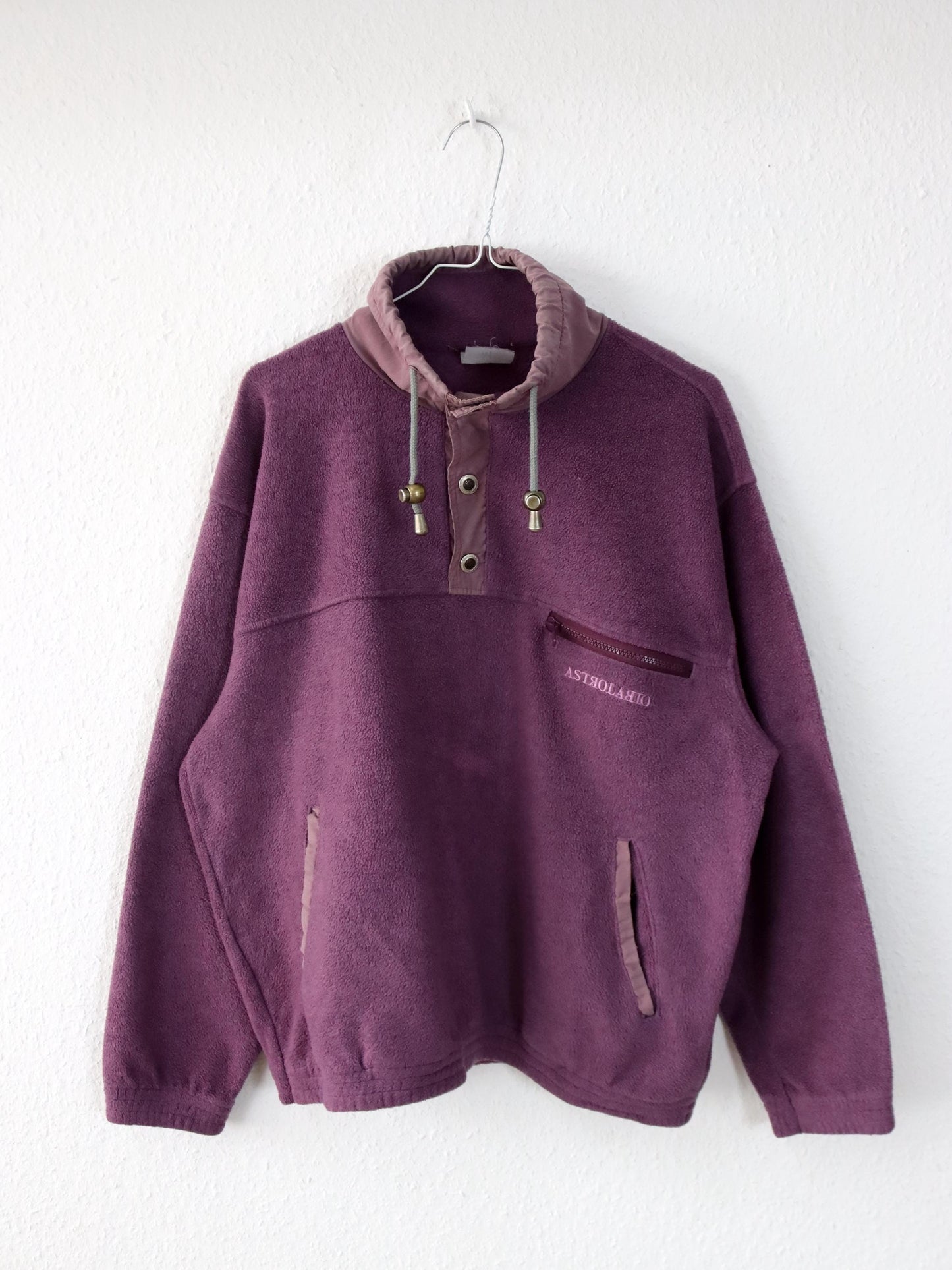 Vintage 80er 90er ASTROLABIO Fleecepullover Stehkragen lila Knopfleiste M