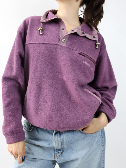 Vintage 80er 90er ASTROLABIO Fleecepullover Stehkragen lila Knopfleiste M