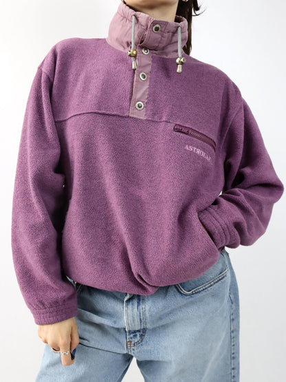 Vintage 80er 90er ASTROLABIO Fleecepullover Stehkragen lila Knopfleiste M