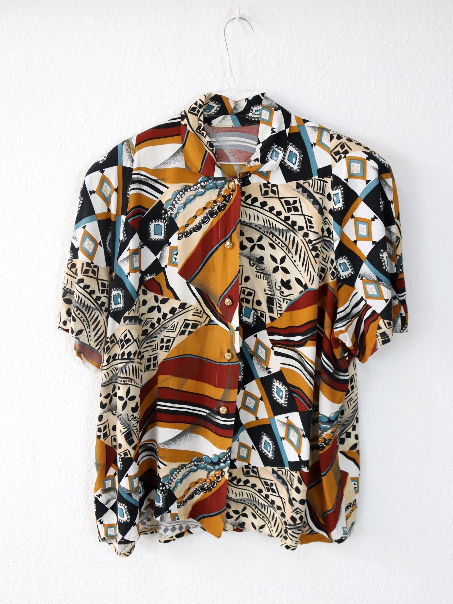 Vintage 80er 90er Bluse kurzarm crazy pattern bunt Viskose L