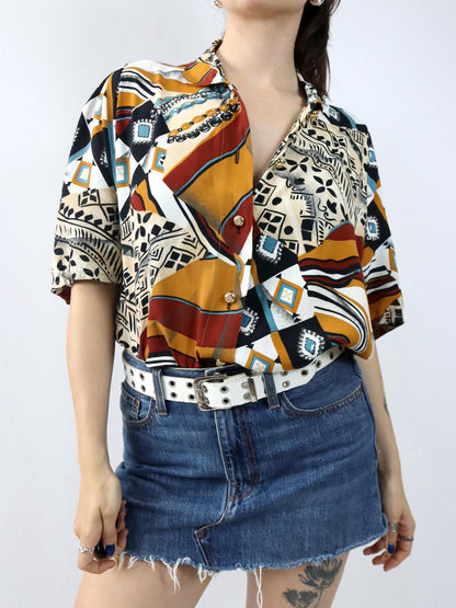 Vintage 80er 90er Bluse kurzarm crazy pattern bunt Viskose L
