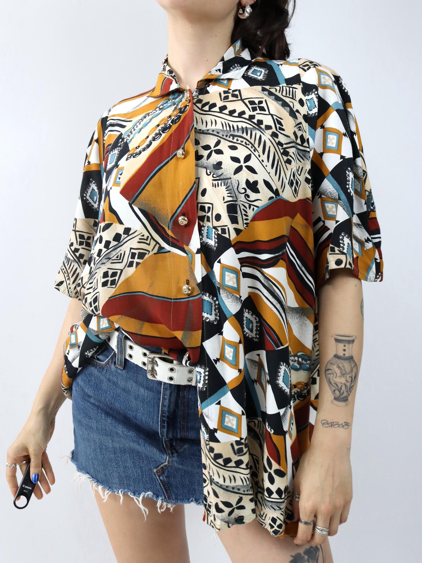 Vintage 80er 90er Bluse kurzarm crazy pattern bunt Viskose L