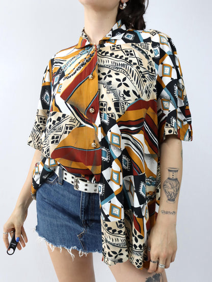 Vintage 80er 90er Bluse kurzarm crazy pattern bunt Viskose L