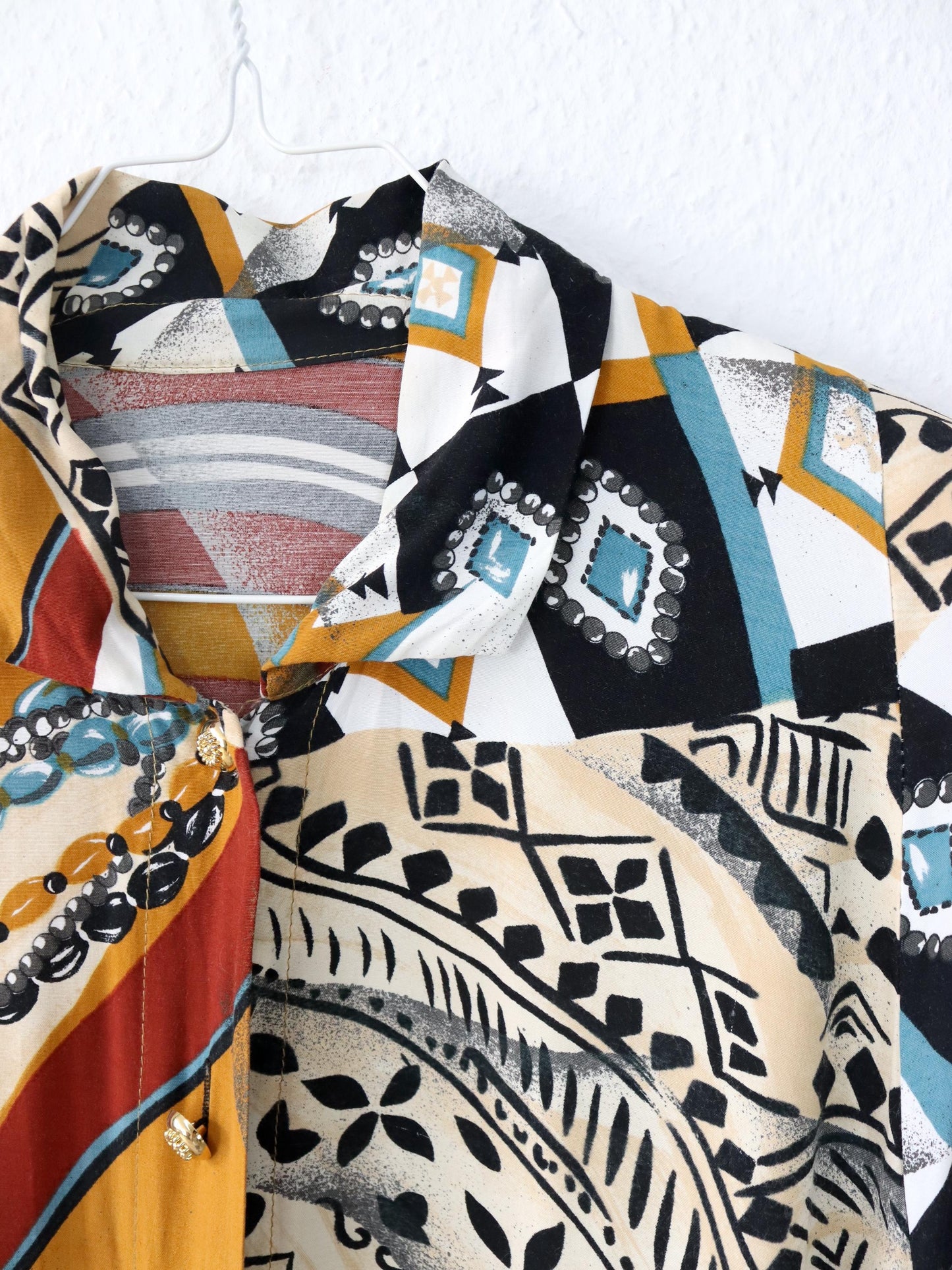 Vintage 80er 90er Bluse kurzarm crazy pattern bunt Viskose L