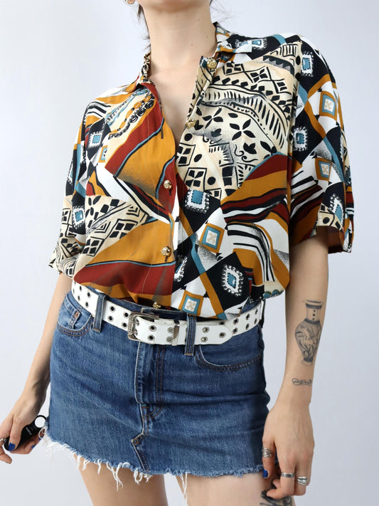 Vintage 80er 90er Bluse kurzarm crazy pattern bunt Viskose L