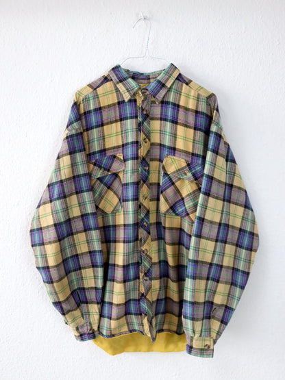 Vintage 80er 90er ESGUIRE FASHION Flanellhemd kariert langarm leicht gefüttert gelb lila grün L