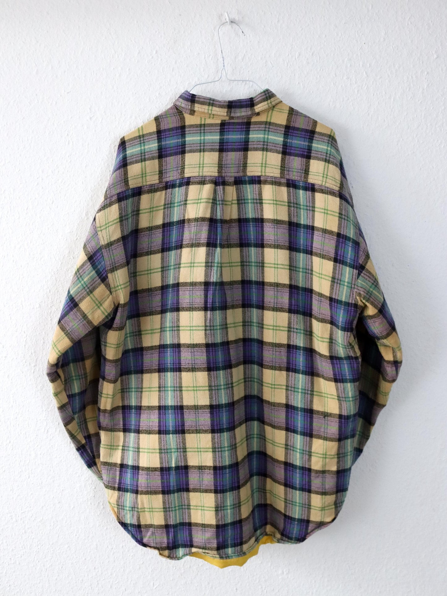 Vintage 80er 90er ESGUIRE FASHION Flanellhemd kariert langarm leicht gefüttert gelb lila grün L