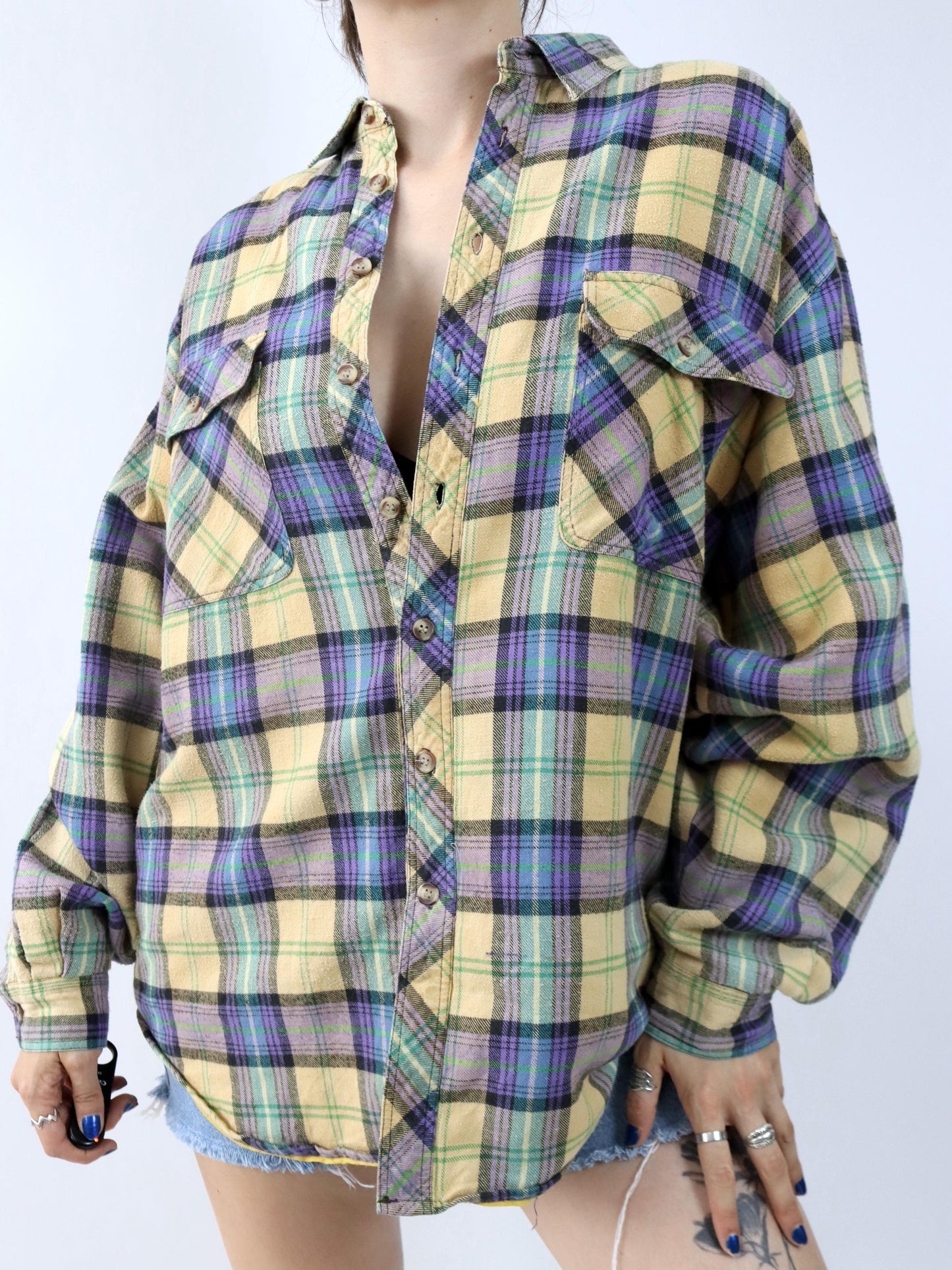 Vintage 80er 90er ESGUIRE FASHION Flanellhemd kariert langarm leicht gefüttert gelb lila grün L