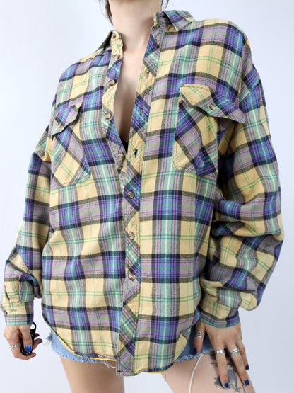 Vintage 80er 90er ESGUIRE FASHION Flanellhemd kariert langarm leicht gefüttert gelb lila grün L