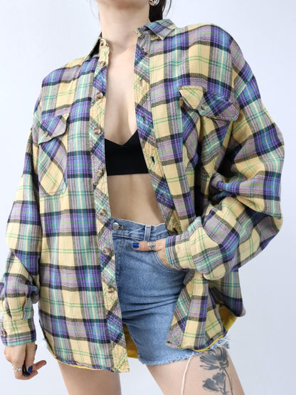 Vintage 80er 90er ESGUIRE FASHION Flanellhemd kariert langarm leicht gefüttert gelb lila grün L