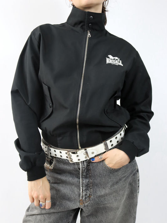Vintage 80er 90er LONSDALE Bomberjacke Blouson Stehkragen schwarz Harrington Jacke S