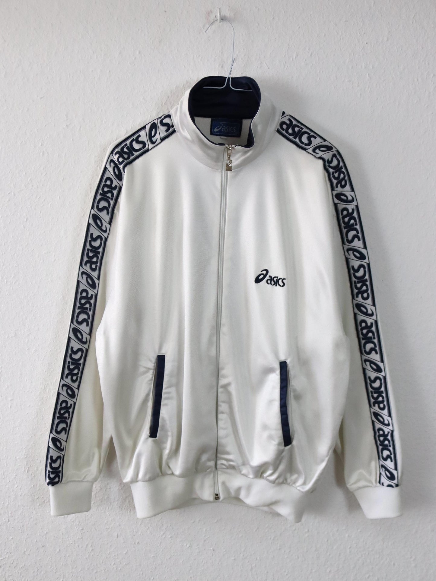Vintage 80er 90er ASICS Trainingsjacke Jacke Stehkragen weiß dunkelblau 46 S