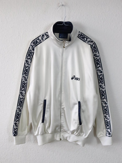 Vintage 80er 90er ASICS Trainingsjacke Jacke Stehkragen weiß dunkelblau 46 S