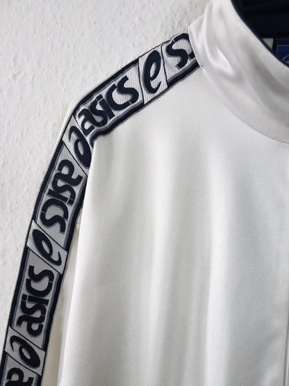 Vintage 80er 90er ASICS Trainingsjacke Jacke Stehkragen weiß dunkelblau 46 S