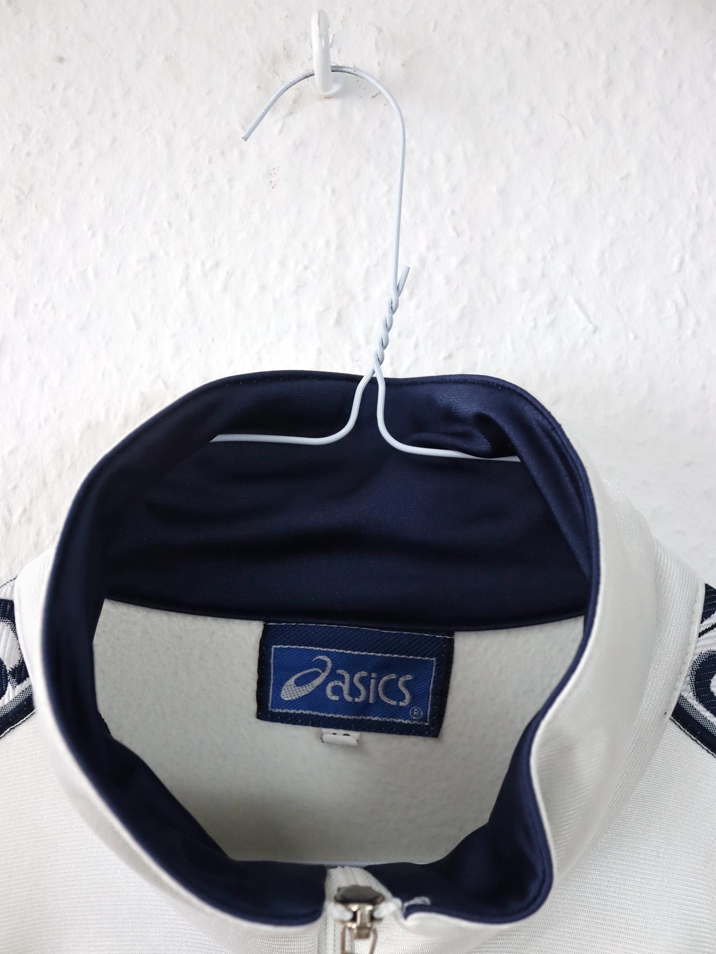 Vintage 80er 90er ASICS Trainingsjacke Jacke Stehkragen weiß dunkelblau 46 S
