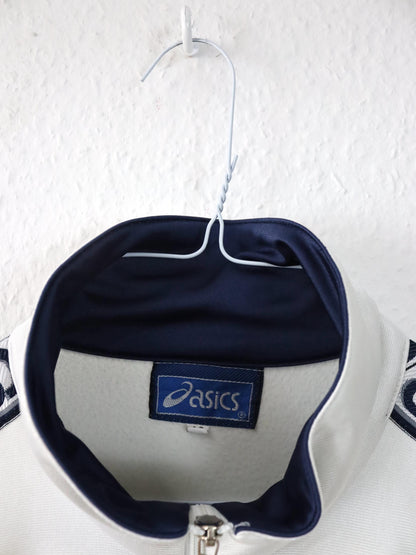 Vintage 80er 90er ASICS Trainingsjacke Jacke Stehkragen weiß dunkelblau 46 S