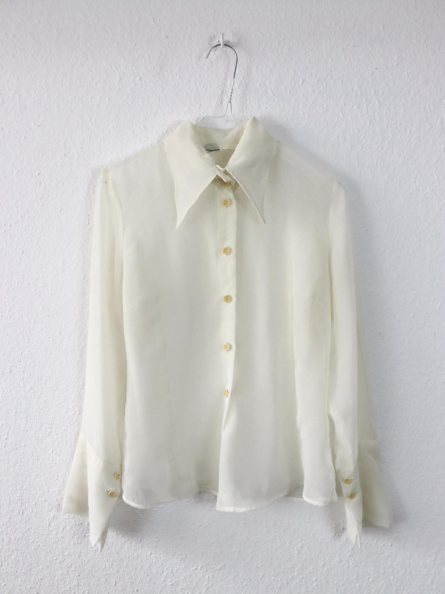Vintage 80er 90er Bluse langarm transparent cremeweiß Spitzkragen S