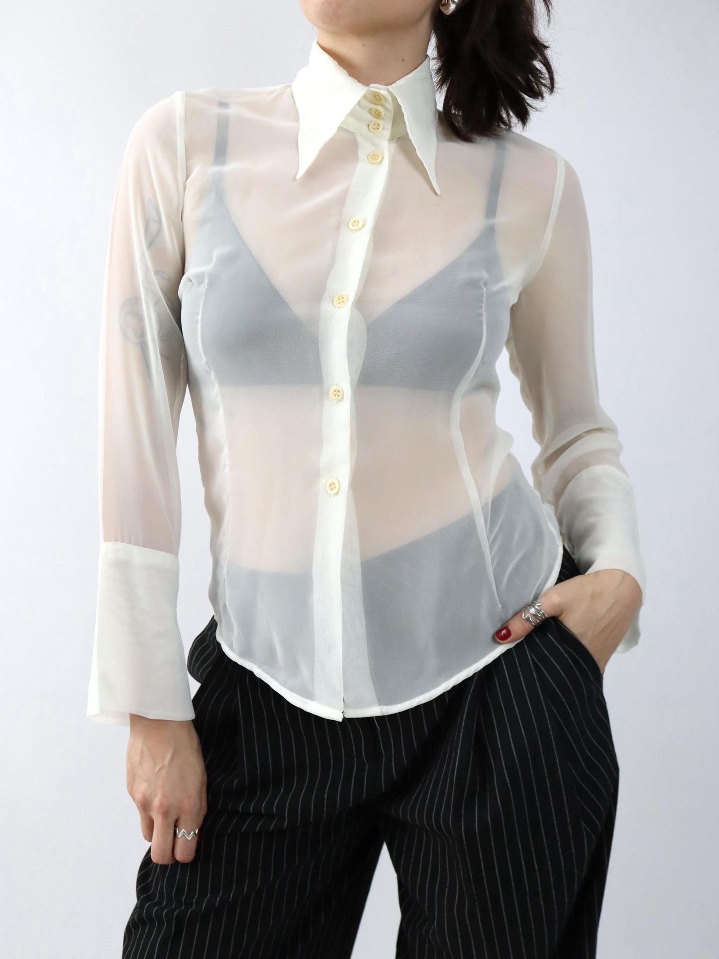 Vintage 80er 90er Bluse langarm transparent cremeweiß Spitzkragen S