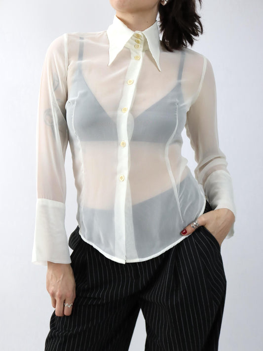Vintage 80er 90er Bluse langarm transparent cremeweiß Spitzkragen S